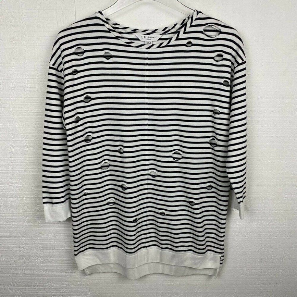 LK Bennett Shirt White Black Stripe Distressed